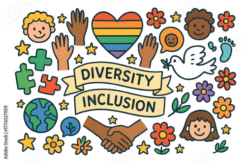 Colorful Symbols of Unity. Diversity and inclusion. Colorful Hand-drawn doodle Children illustration Diversity and inclusion hands of all colors, rainbow