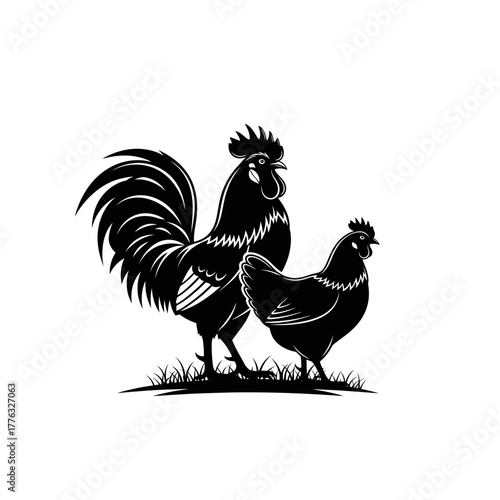 Rooster and Hen Silhouette Illustration – Farm Chicken Poultry Vector Art