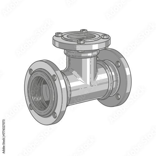Industrial Pipe Tee Joint Flanged Fitting Engineering Sketch Vector Illustration