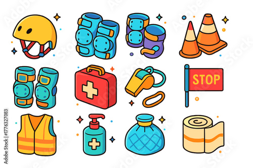 Playground Safety Gear Icons. playground safety gear. Colorful isometric vector icons set of playground safety gear: helmet, knee pads, elbow pads, wrist