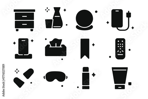 Bedside Essentials Icons. Bedside essentials. Solid icons set of Bedside essentials: nightstand, water carafe, coaster, phone charger, docking station, tissue