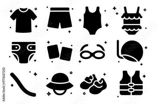 Kids Swimwear Icons. Kids swimwear and pool fun. Solid icons set of Kids swimwear and pool fun: swim shirt, swim shorts, one-piece kid, ruffle bikini, swim