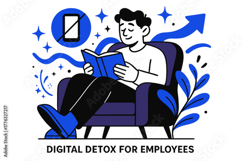 Digital Detox Focus. Digital detox for employees. Employee reading book in quiet corner with abstract floating icons, arrows, and sparkles; emphasizes focus,