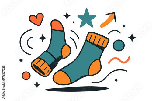 Fashionable Rolling Socks. Socks. Pair of socks rolling on floor with abstract floating icons, lines, and sparkles; emphasizes casual lifestyle, comfort, and