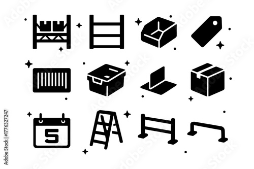 Warehouse Icons Grid. Warehouse shelving systems. Solid icons set of Warehouse shelving systems: pallet rack, shelf bay, bin box, label tag, barcode sticker,