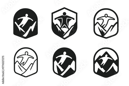 Wingsuit Logo Variations. Wingsuit flying. Set Logo of Wingsuit flying: flyer slicing through valley. harmonious logo variations of the same emblematic
