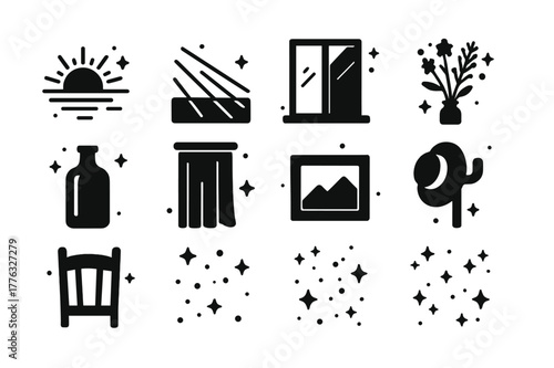 Golden Hour Icons. Golden Hour Window Light. Solid icons set of Golden Hour Window Light: low sun, warm rays, long shadows, window frame, dried flowers, amber