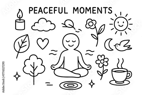 Meditative Icon Doodles. Peaceful moments. Hand-drawn doodle illustration peaceful moments person meditating, leaf, candle, flower, heart, cloud, sun, breeze