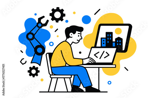 Tech Innovation Scene. Innovation and technology. A person sitting in front of a computer, coding, with a robotic arm and gears surrounding them, a tablet with