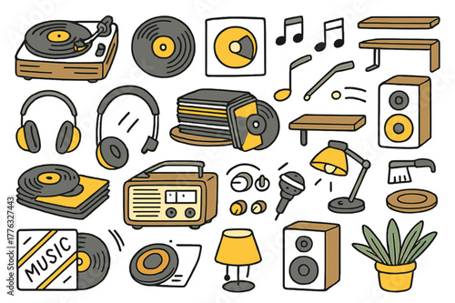 Retro Vinyl Vibes. Retro vinyl. Hand-drawn doodle illustration record player (colored), vinyl records (colored), turntable (colored), speaker (colored), record