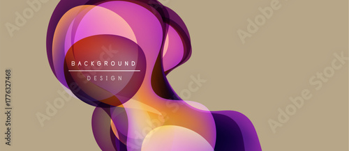 Abstract fluid shapes overlap, creating vibrant color gradients. Background features soft beige tone. Design suggests movement, energy.