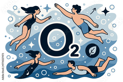 Oxygen in Motion. Oxygen. Abstract depiction of oxygen in water with bubbles and sparkles; emphasizes chemical element, life-sustaining property, and natural