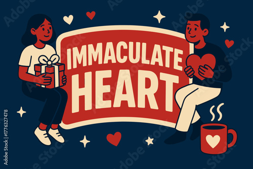 Joyful Banner Display. Immaculate Heart banner, flat vector illustration, bold oversized text inside sticker outline banner, cartoon characters sitting and