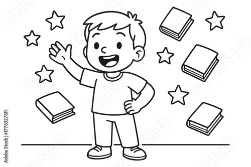 Storytelling Kid with Stars. Storytelling moment children?s coloring book illustration, outlined drawing, a kid standing proudly and telling a story while
