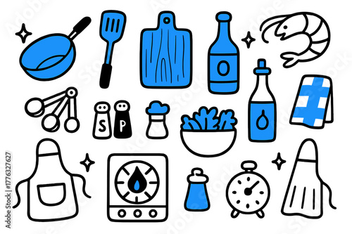 Accented Kitchen Doodle. // Kitchen setup. Hand-drawn doodle illustration Kitchen setup [wok (accented), spatula (accented), cutting board (accented), stove,
