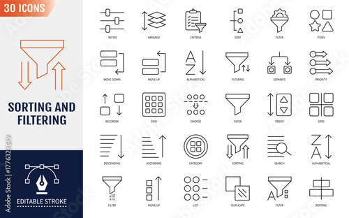 Sorting and filtering line editable icon set. Containing icons: filter, list, arrange, refine, sort, organize, priority, category and more. Vector illustration