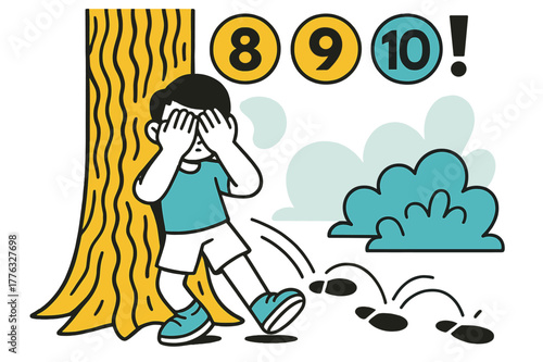 Counting Hide and Seek. Counting at the Tree. Hands cover eyes against a bark pattern while numbers ???!? hover in bold circles. Footprints peel away toward