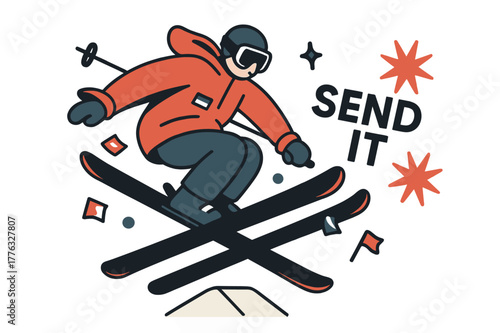 Freestyle Ski Adventure. Freestyle Jump Off a Kicker. Skis cross mid-air, jacket flares, and stickers flutter like tiny flags. ?Send It? floats