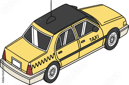 Isometric cartoon yellow taxi cab isolated on white background