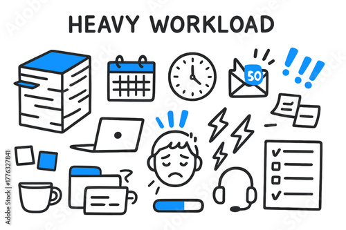 Doodles of Overwhelm. // Heavy workload. Hand-drawn doodle illustration Heavy workload [stacked papers (accented), laptop, deadlines calendar (accented), wall