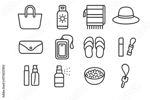 Poolside Icon Set. Poolside Essentials. Line icon set of Poolside Essentials: tote bag, sunscreen, water bottle, beach towel, sunglasses case, phone in pouch,