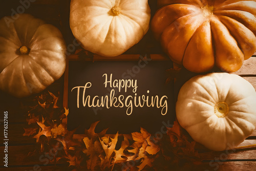 Artistic composite image featuring elegant Happy Thanksgiving Day text illustration, perfect for festive greeting cards and holiday ads