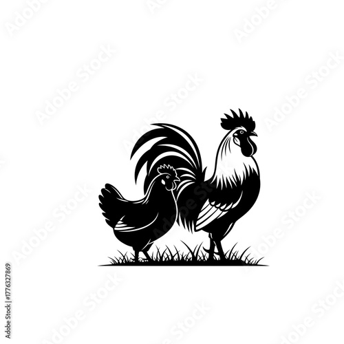 Rooster and Hen Silhouette Illustration – Farm Chicken Poultry Vector Art
