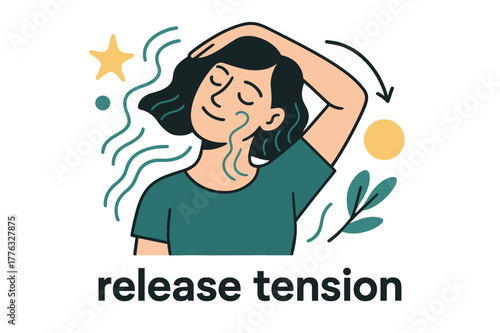 Serene Stretch Moment. Neck and shoulder stretch. Close-up of a person gently tilting head side to side, lines illustrating relaxation flow; ?release tension?