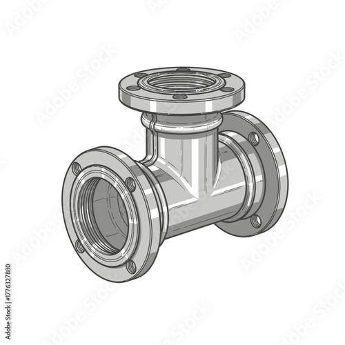Industrial Pipe Tee Joint Flanged Fitting Engineering Sketch Vector Illustration