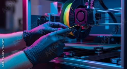 Close-up of hands in black gloves adjusting a 3D printer with colorful filament under neon blue and pink lights in a workshop setting.
