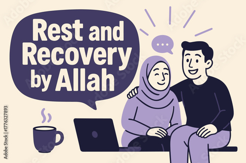 Restful Coffee Break. Rest and Recovery by Allah banner, flat vector illustration, bold oversized text inside rounded blob, cartoon characters sitting and