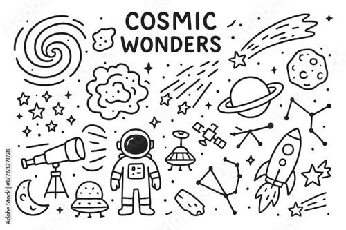Cosmic Doodle Icons. Cosmic wonders. Hand-drawn doodle illustration cosmic wonders galaxy spiral, nebula, comet, meteor shower, star cluster, ringed planet,