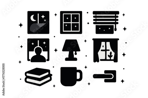 Nighttime Window Icons. Night Window Light. Solid icons set of Night Window Light: moonlight beam, window pane, starry sky, city lights, blinds, silhouette