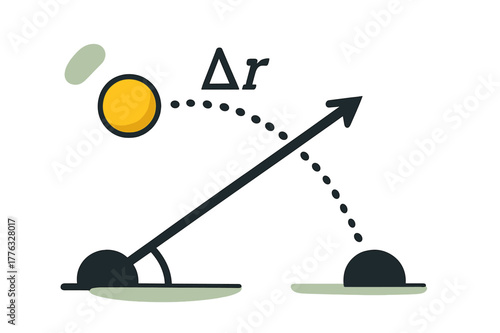 Dynamic Trajectory Arc. Projectile Motion Path. A ball arcs across air while a single vector shows direct displacement between start and landing. ??r? hovers