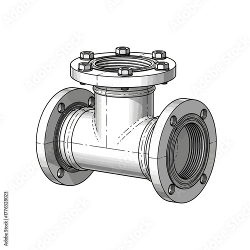 Industrial Pipe Tee Joint Flanged Fitting Engineering Sketch Vector Illustration