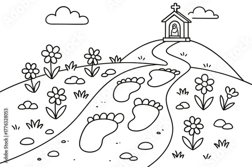 Footprints to Adventure. Footprints of the journey children?s coloring book illustration, outlined drawing, a trail of big friendly footprints leading past