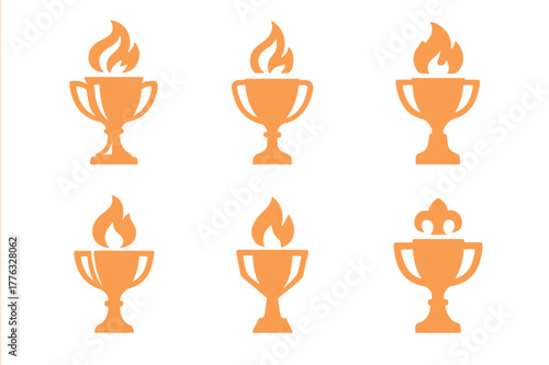 Torch Trophy Logos. Championship trophy. Set Logo of Championship trophy: Flaming torch trophy. Icon set. harmonious logo variations of the same emblematic