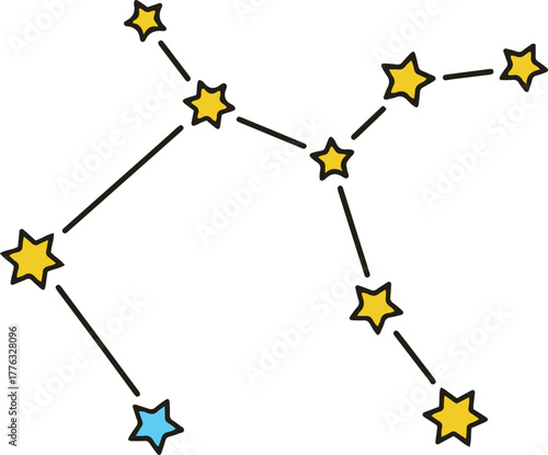 A simple vector cartoon illustration of a constellation, featuring yellow star shapes with one blue star, all connected by black lines,