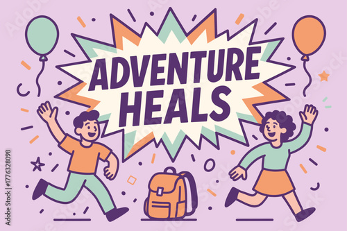 Exciting Adventure Awaits. Adventure heals banner, flat vector illustration, bold oversized text inside comic burst, cartoon characters running and waving,