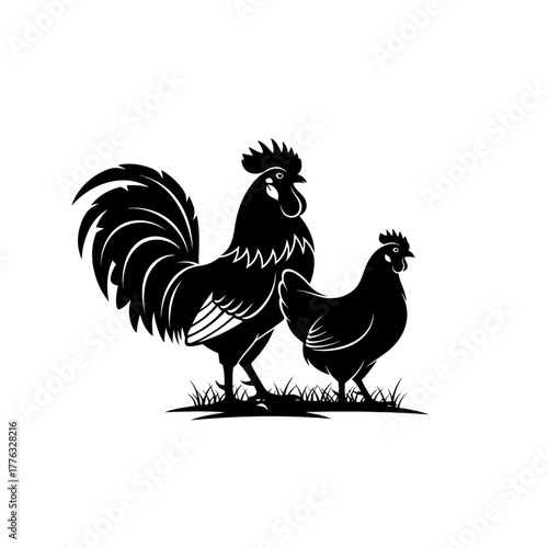 Rooster and Hen Silhouette Illustration – Farm Chicken Poultry Vector Art