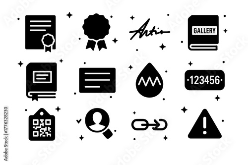 Provenance Authenticity Icons. Provenance and authenticity. Solid icons set of Provenance and authenticity: provenance document, certificate seal, artist