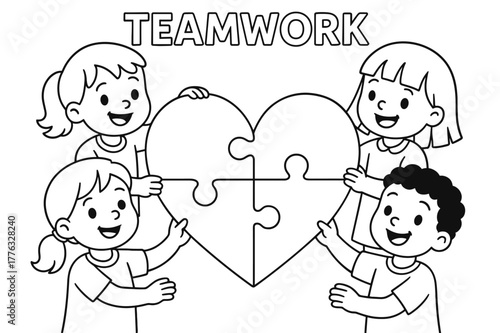 Kids Puzzle Collaboration. Teamwork puzzle children?s coloring book illustration, outlined drawing, cheerful kids each holding one puzzle piece and joining