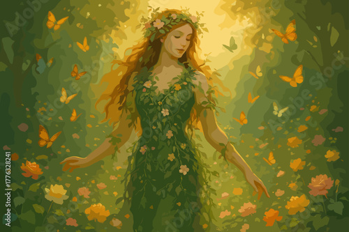 Nature's Divine Harmony. Gods of nature with leaves, vines and flowers, a goddess standing in a blooming garden surrounded by fluttering butterflies, warm