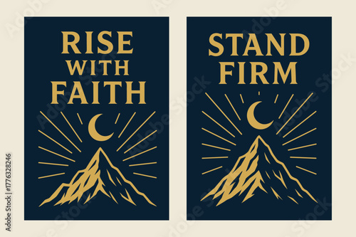 Mountain Faith Banners. Resilient Faith. Two vertical A6 banners with safe margins, centered composition, no elements touching edges, bold, navy and gold,