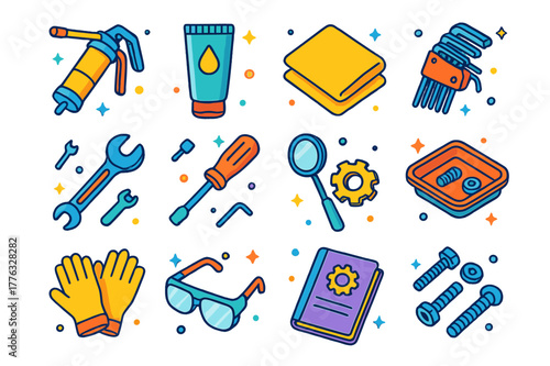 Outdoor Play Maintenance. outdoor play maintenance. Colorful isometric vector icons set of outdoor play maintenance: grease gun, lubricant tube, microfiber