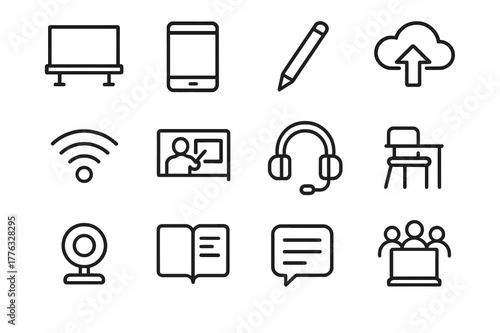 Digital Classroom Icons. Digital classrooms. Line icon set of digital classrooms: smartboard, tablet, stylus pen, cloud files, wifi signal, teacher screen,