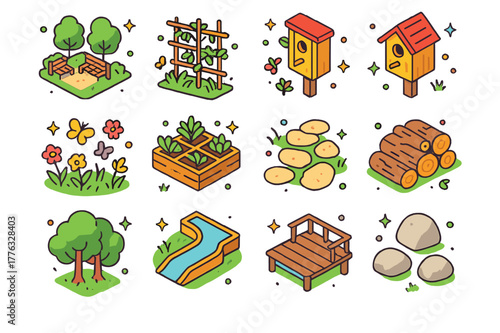 Biophilic Urban Icons. Biophilic urban design. Colorful isometric vector icons set of Biophilic urban design: pocket park, climbing plants trellis, bird nest