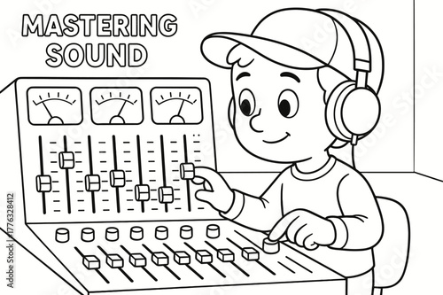 Sound Mixing Coloring Fun. Mastering sound children?s coloring book illustration, outlined drawing, a producer adjusting volume meters and equalizer knobs on a