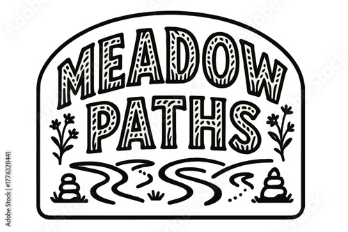 Meadow Paths Lettering. Meadow Paths ? Decorative Display Lettering; playful stylized glyphs with dot/stripe grass patterns inside; arched word-shape within a