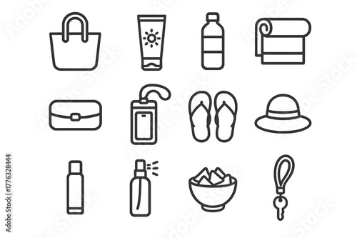 Poolside Essentials Icons. Poolside Essentials. Line icon set of Poolside Essentials: tote bag, sunscreen, water bottle, beach towel, sunglasses case, phone in